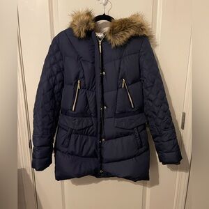 Kenzie Navy Puffer Jacket with Faux Fur Hood